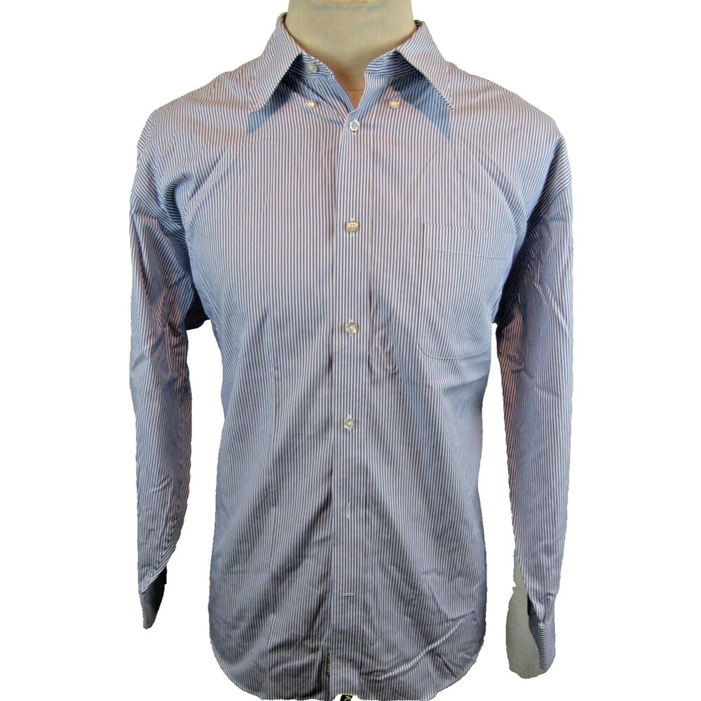Mens Lands End Blue Stripe EZ Care LS Oxford Cotton Dress Shirt sz 17.5x33